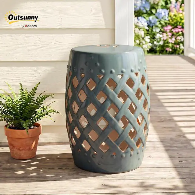 Alt view image 2 of 7 - 12.5" x 18" Ceramic Garden Stool Outdoor Stool Woven Lattice Green | Strong Materials, Glazed Finish, Decorative Design