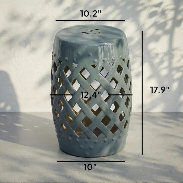 Alt view image 3 of 7 - 12.5" x 18" Ceramic Garden Stool Outdoor Stool Woven Lattice Green | Strong Materials, Glazed Finish, Decorative Design