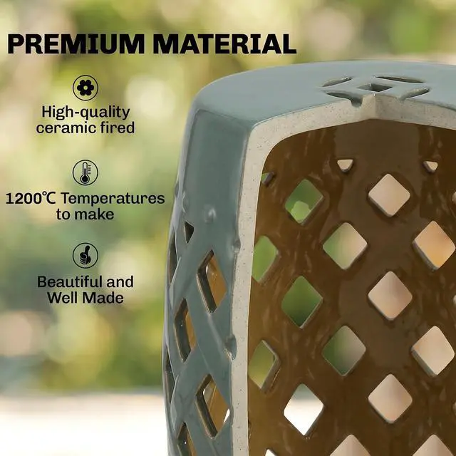Alt view image 4 of 7 - 12.5" x 18" Ceramic Garden Stool Outdoor Stool Woven Lattice Green | Strong Materials, Glazed Finish, Decorative Design