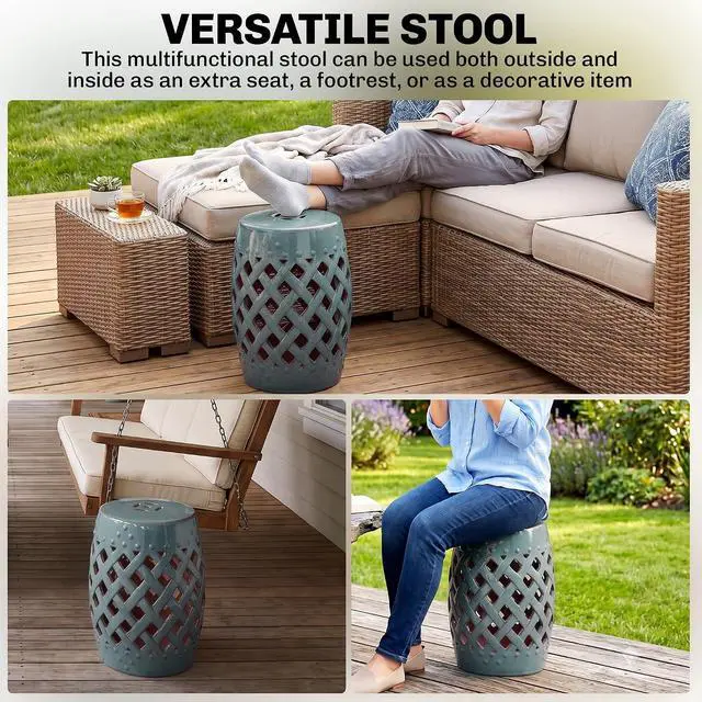 Alt view image 5 of 7 - 12.5" x 18" Ceramic Garden Stool Outdoor Stool Woven Lattice Green | Strong Materials, Glazed Finish, Decorative Design