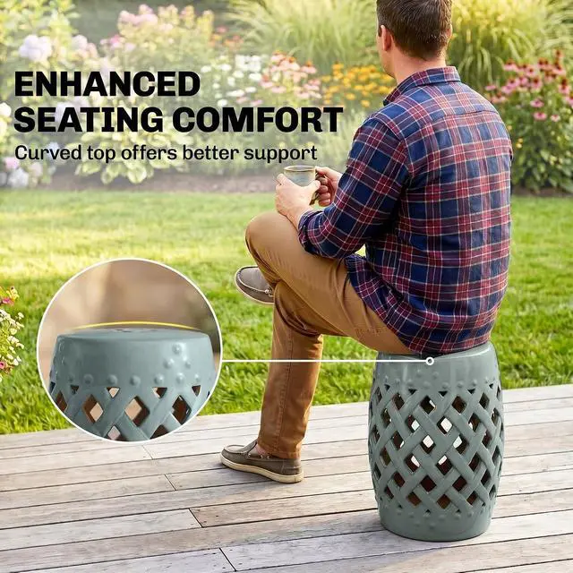 Alt view image 6 of 7 - 12.5" x 18" Ceramic Garden Stool Outdoor Stool Woven Lattice Green | Strong Materials, Glazed Finish, Decorative Design