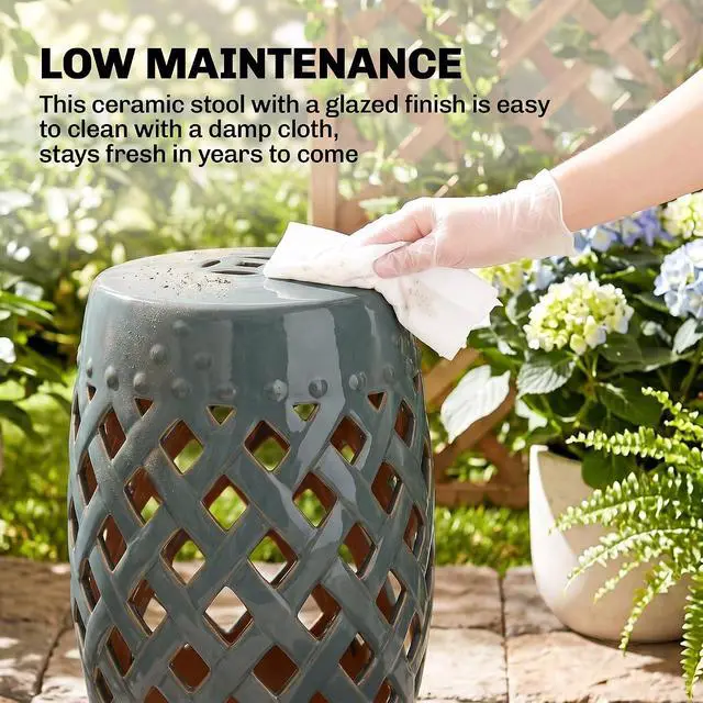 Alt view image 7 of 7 - 12.5" x 18" Ceramic Garden Stool Outdoor Stool Woven Lattice Green | Strong Materials, Glazed Finish, Decorative Design