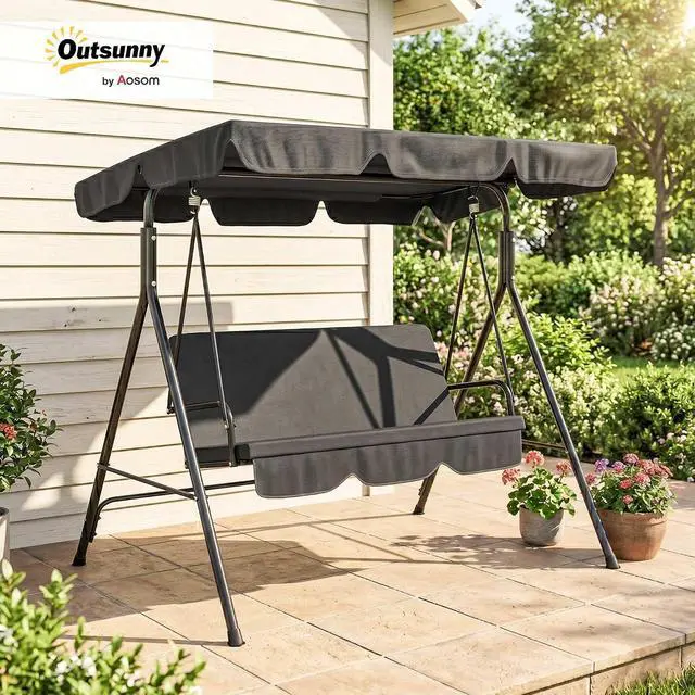 Alt view image 2 of 7 - 3-Person Porch Swing w/Stand Adjustable Tilt Canopy, Black | Removable Cushion, Steel Frame Stand, Outdoor, Patio, Garden, Poolside, Balcony, Backyard, Porch