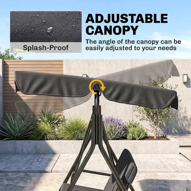 Alt view image 3 of 7 - 3-Person Porch Swing w/Stand Adjustable Tilt Canopy, Black | Removable Cushion, Steel Frame Stand, Outdoor, Patio, Garden, Poolside, Balcony, Backyard, Porch