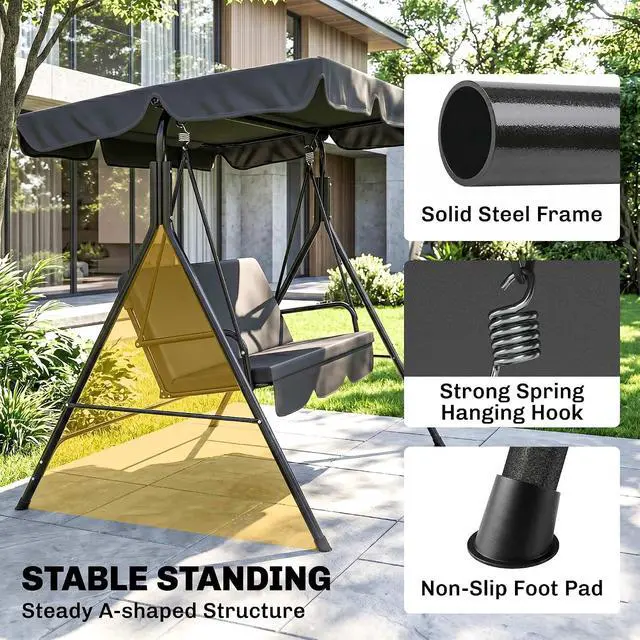 Alt view image 4 of 7 - 3-Person Porch Swing w/Stand Adjustable Tilt Canopy, Black | Removable Cushion, Steel Frame Stand, Outdoor, Patio, Garden, Poolside, Balcony, Backyard, Porch