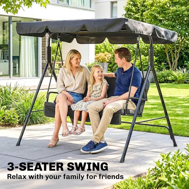 Alt view image 5 of 7 - 3-Person Porch Swing w/Stand Adjustable Tilt Canopy, Black | Removable Cushion, Steel Frame Stand, Outdoor, Patio, Garden, Poolside, Balcony, Backyard, Porch