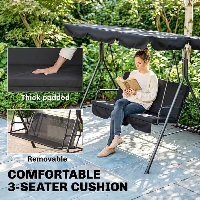 Alt view image 6 of 7 - 3-Person Porch Swing w/Stand Adjustable Tilt Canopy, Black | Removable Cushion, Steel Frame Stand, Outdoor, Patio, Garden, Poolside, Balcony, Backyard, Porch