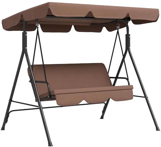 Main image of 3-Person Porch Swing w/Stand Adjustable Tilt Canopy, Brown 2 | Swing Bench, Steel Frame, Patio Garden Poolside Balcony Backyard Porch