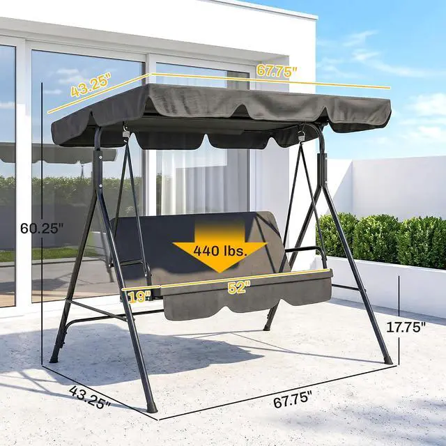 Alt view image 7 of 7 - 3-Person Porch Swing w/Stand Adjustable Tilt Canopy, Black | Removable Cushion, Steel Frame Stand, Outdoor, Patio, Garden, Poolside, Balcony, Backyard, Porch
