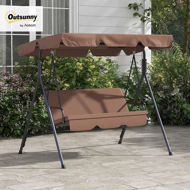 Alt view image 2 of 7 - 3-Person Porch Swing w/Stand Adjustable Tilt Canopy, Brown 2 | Swing Bench, Steel Frame, Patio Garden Poolside Balcony Backyard Porch