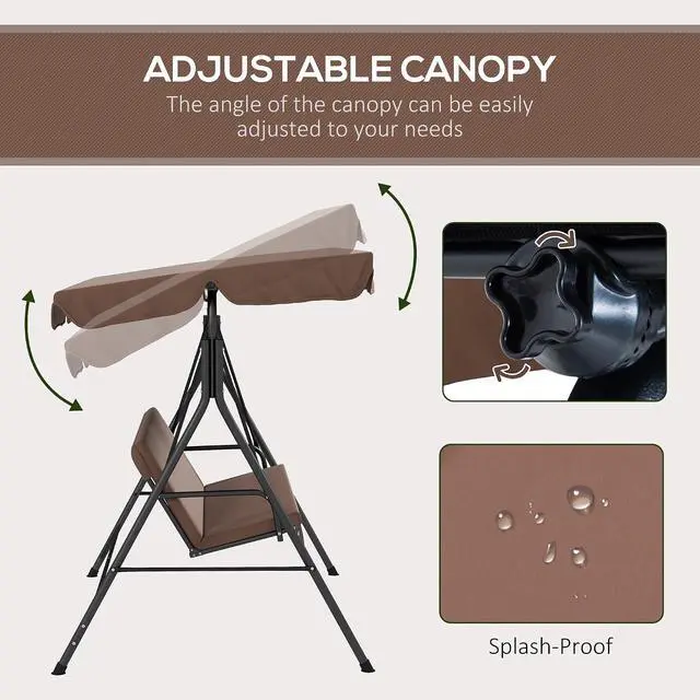 Alt view image 3 of 7 - 3-Person Porch Swing w/Stand Adjustable Tilt Canopy, Brown 2 | Swing Bench, Steel Frame, Patio Garden Poolside Balcony Backyard Porch