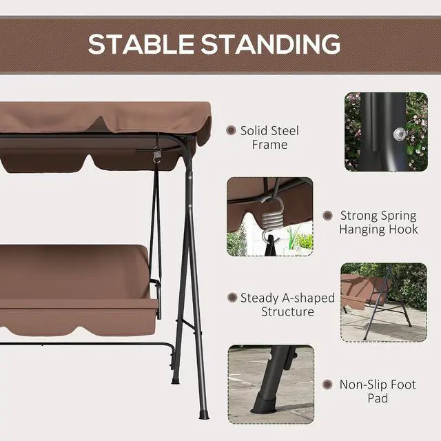 Alt view image 4 of 7 - 3-Person Porch Swing w/Stand Adjustable Tilt Canopy, Brown 2 | Swing Bench, Steel Frame, Patio Garden Poolside Balcony Backyard Porch