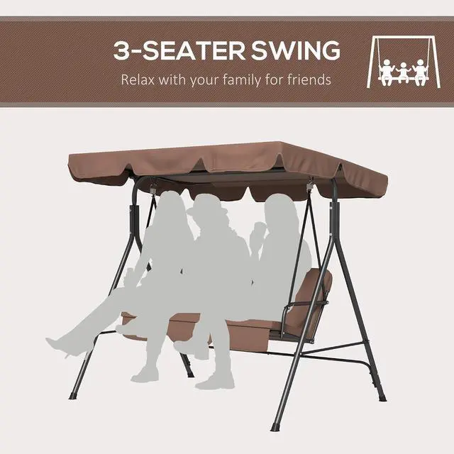 Alt view image 5 of 7 - 3-Person Porch Swing w/Stand Adjustable Tilt Canopy, Brown 2 | Swing Bench, Steel Frame, Patio Garden Poolside Balcony Backyard Porch