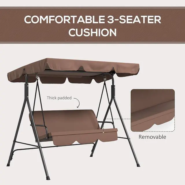 Alt view image 6 of 7 - 3-Person Porch Swing w/Stand Adjustable Tilt Canopy, Brown 2 | Swing Bench, Steel Frame, Patio Garden Poolside Balcony Backyard Porch