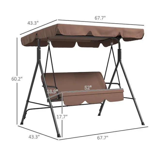Alt view image 7 of 7 - 3-Person Porch Swing w/Stand Adjustable Tilt Canopy, Brown 2 | Swing Bench, Steel Frame, Patio Garden Poolside Balcony Backyard Porch