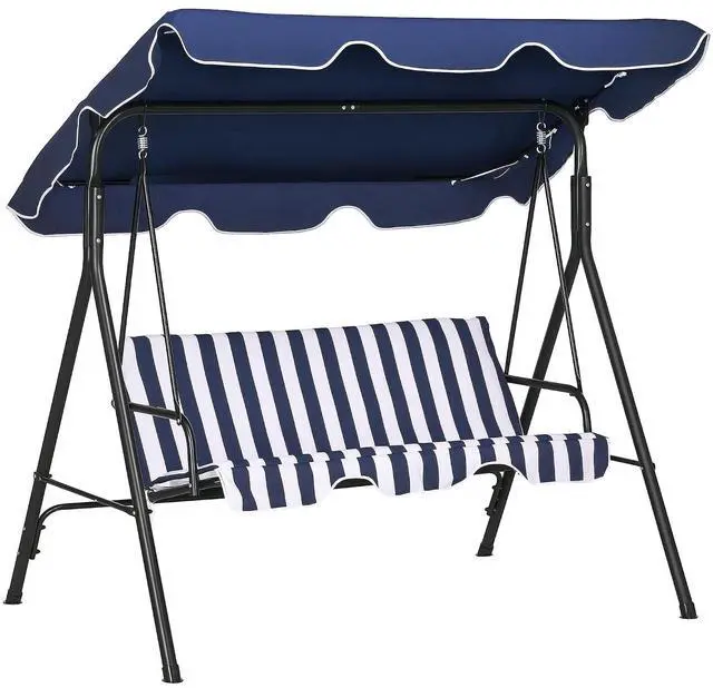 Main image of 3-Person Porch Swing w/Stand Adjustable Tilt Canopy, Dark Blue | Removable Cushion, Steel Frame Stand, Outdoor, Patio, Garden, Poolside, Balcony, Backyard, Porch