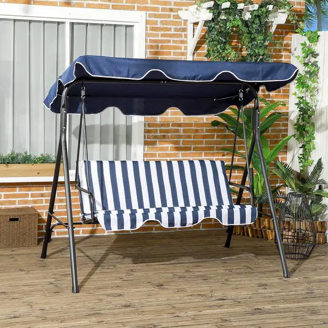Alt view image 2 of 7 - 3-Person Porch Swing w/Stand Adjustable Tilt Canopy, Dark Blue | Removable Cushion, Steel Frame Stand, Outdoor, Patio, Garden, Poolside, Balcony, Backyard, Porch