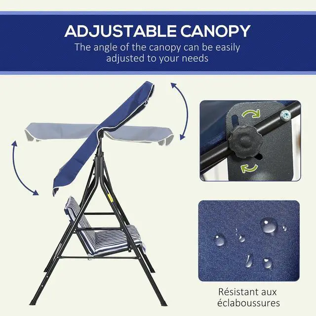 Alt view image 3 of 7 - 3-Person Porch Swing w/Stand Adjustable Tilt Canopy, Dark Blue | Removable Cushion, Steel Frame Stand, Outdoor, Patio, Garden, Poolside, Balcony, Backyard, Porch