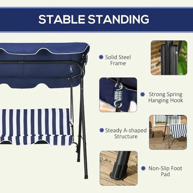 Alt view image 4 of 7 - 3-Person Porch Swing w/Stand Adjustable Tilt Canopy, Dark Blue | Removable Cushion, Steel Frame Stand, Outdoor, Patio, Garden, Poolside, Balcony, Backyard, Porch