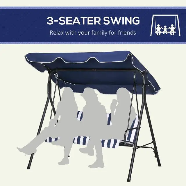 Alt view image 5 of 7 - 3-Person Porch Swing w/Stand Adjustable Tilt Canopy, Dark Blue | Removable Cushion, Steel Frame Stand, Outdoor, Patio, Garden, Poolside, Balcony, Backyard, Porch