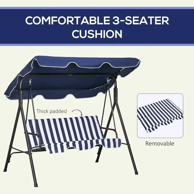 Alt view image 6 of 7 - 3-Person Porch Swing w/Stand Adjustable Tilt Canopy, Dark Blue | Removable Cushion, Steel Frame Stand, Outdoor, Patio, Garden, Poolside, Balcony, Backyard, Porch