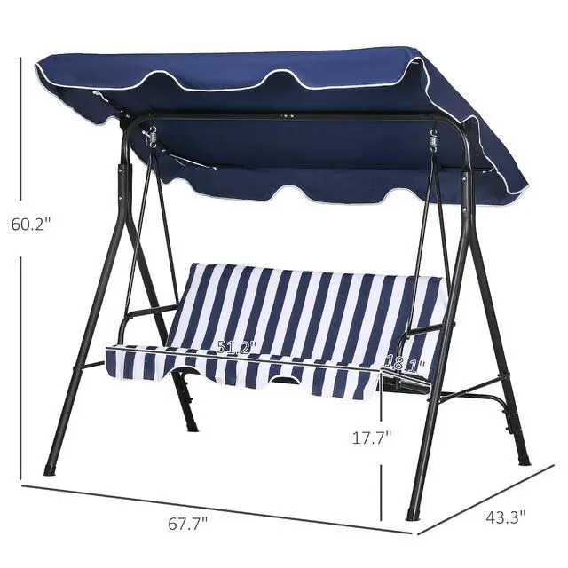 Alt view image 7 of 7 - 3-Person Porch Swing w/Stand Adjustable Tilt Canopy, Dark Blue | Removable Cushion, Steel Frame Stand, Outdoor, Patio, Garden, Poolside, Balcony, Backyard, Porch