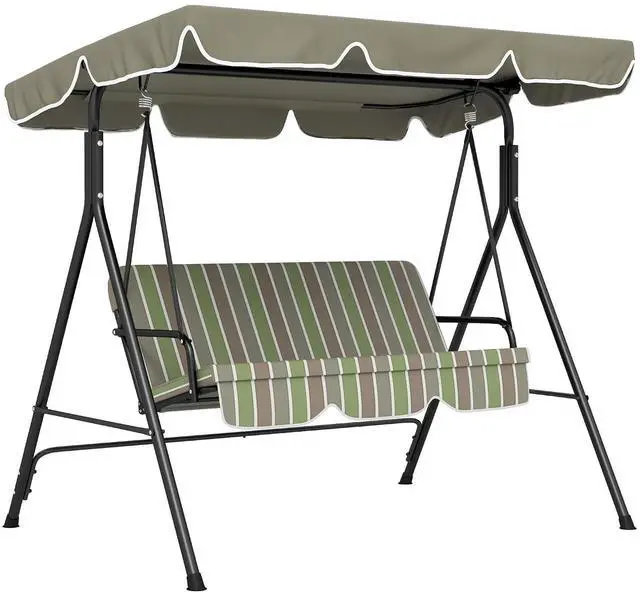 Main image of 3-Person Porch Swing w/Stand Adjustable Tilt Canopy, Beige/Green | Removable Cushion, Steel Frame Stand, Outdoor, Patio, Garden, Poolside, Balcony, Backyard, Porch