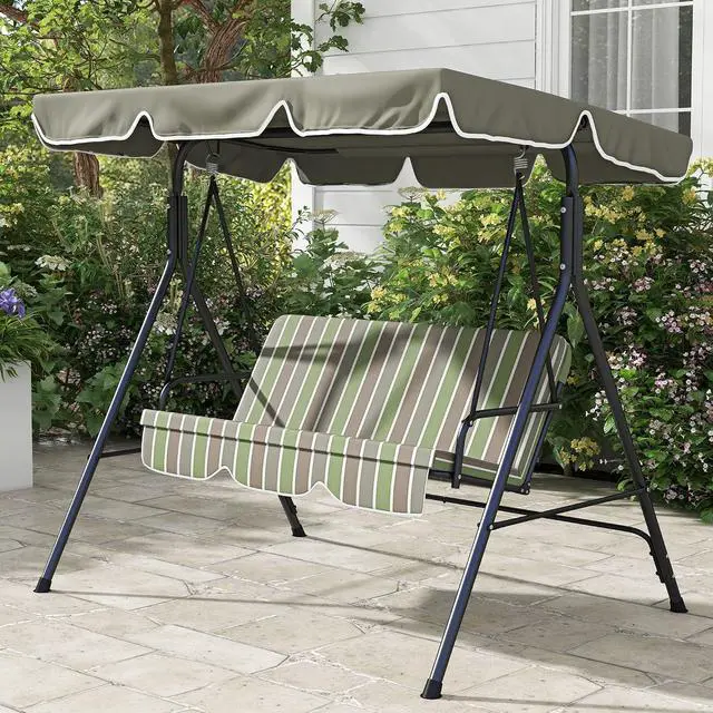 Alt view image 2 of 7 - 3-Person Porch Swing w/Stand Adjustable Tilt Canopy, Beige/Green | Removable Cushion, Steel Frame Stand, Outdoor, Patio, Garden, Poolside, Balcony, Backyard, Porch