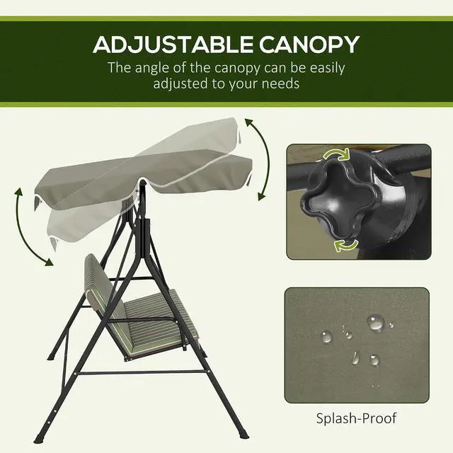Alt view image 3 of 7 - 3-Person Porch Swing w/Stand Adjustable Tilt Canopy, Beige/Green | Removable Cushion, Steel Frame Stand, Outdoor, Patio, Garden, Poolside, Balcony, Backyard, Porch