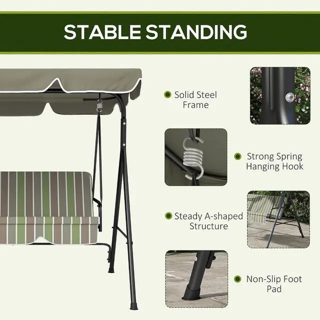 Alt view image 4 of 7 - 3-Person Porch Swing w/Stand Adjustable Tilt Canopy, Beige/Green | Removable Cushion, Steel Frame Stand, Outdoor, Patio, Garden, Poolside, Balcony, Backyard, Porch