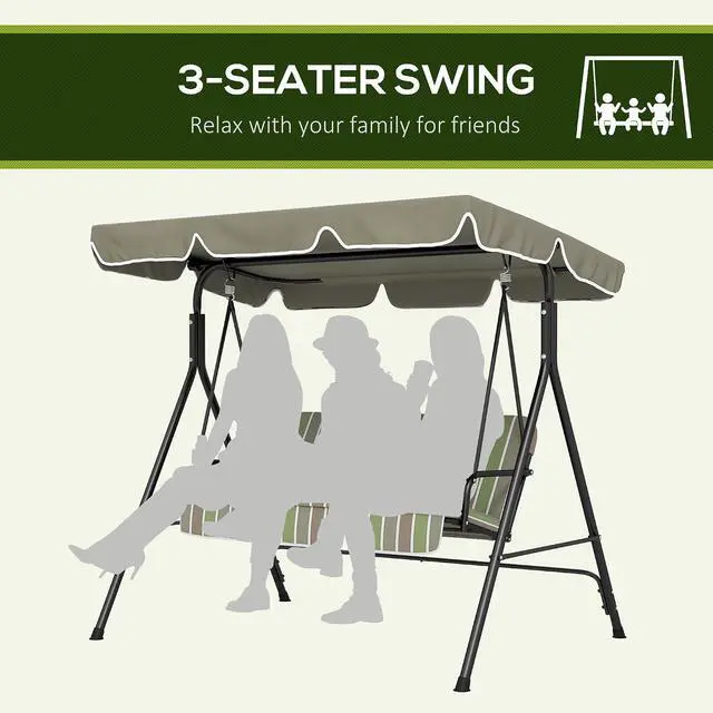 Alt view image 5 of 7 - 3-Person Porch Swing w/Stand Adjustable Tilt Canopy, Beige/Green | Removable Cushion, Steel Frame Stand, Outdoor, Patio, Garden, Poolside, Balcony, Backyard, Porch