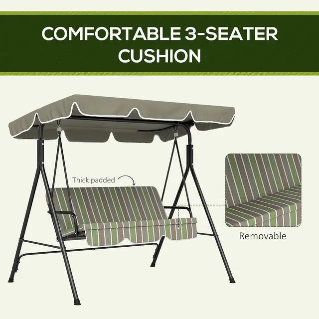 Alt view image 6 of 7 - 3-Person Porch Swing w/Stand Adjustable Tilt Canopy, Beige/Green | Removable Cushion, Steel Frame Stand, Outdoor, Patio, Garden, Poolside, Balcony, Backyard, Porch
