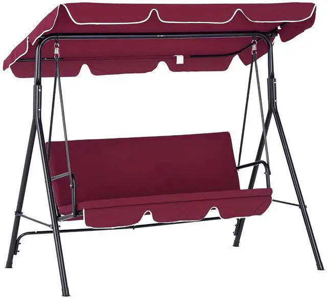 Main image of 3-Person Porch Swing w/Stand Adjustable Tilt Canopy, Wine Red | Removable Cushion, Steel Frame Stand, Outdoor, Patio, Garden, Poolside, Balcony, Backyard, Porch