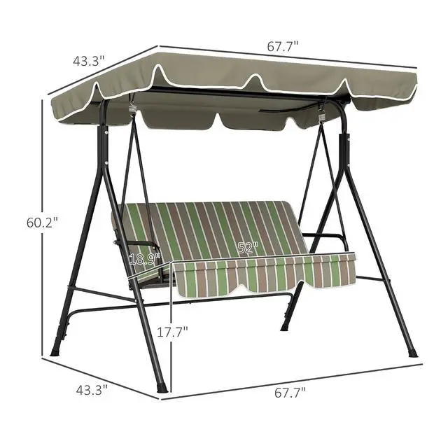 Alt view image 7 of 7 - 3-Person Porch Swing w/Stand Adjustable Tilt Canopy, Beige/Green | Removable Cushion, Steel Frame Stand, Outdoor, Patio, Garden, Poolside, Balcony, Backyard, Porch