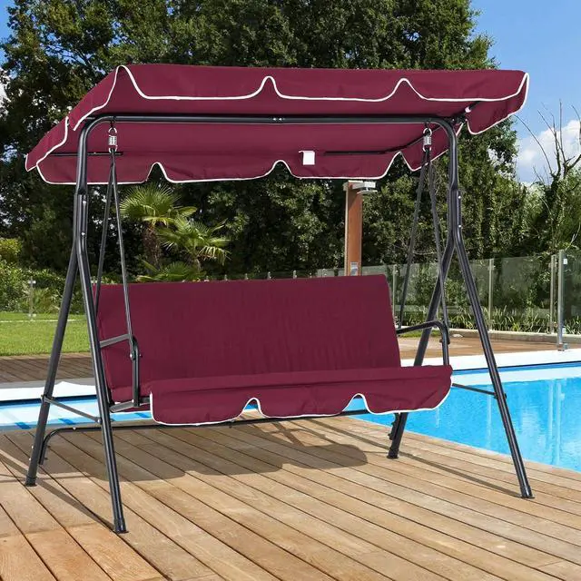 Alt view image 2 of 7 - 3-Person Porch Swing w/Stand Adjustable Tilt Canopy, Wine Red | Removable Cushion, Steel Frame Stand, Outdoor, Patio, Garden, Poolside, Balcony, Backyard, Porch