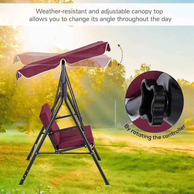 Alt view image 3 of 7 - 3-Person Porch Swing w/Stand Adjustable Tilt Canopy, Wine Red | Removable Cushion, Steel Frame Stand, Outdoor, Patio, Garden, Poolside, Balcony, Backyard, Porch
