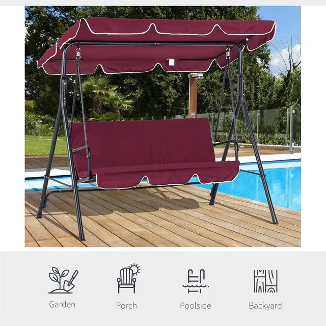 Alt view image 4 of 7 - 3-Person Porch Swing w/Stand Adjustable Tilt Canopy, Wine Red | Removable Cushion, Steel Frame Stand, Outdoor, Patio, Garden, Poolside, Balcony, Backyard, Porch