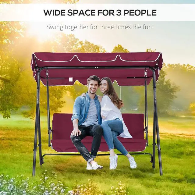 Alt view image 5 of 7 - 3-Person Porch Swing w/Stand Adjustable Tilt Canopy, Wine Red | Removable Cushion, Steel Frame Stand, Outdoor, Patio, Garden, Poolside, Balcony, Backyard, Porch