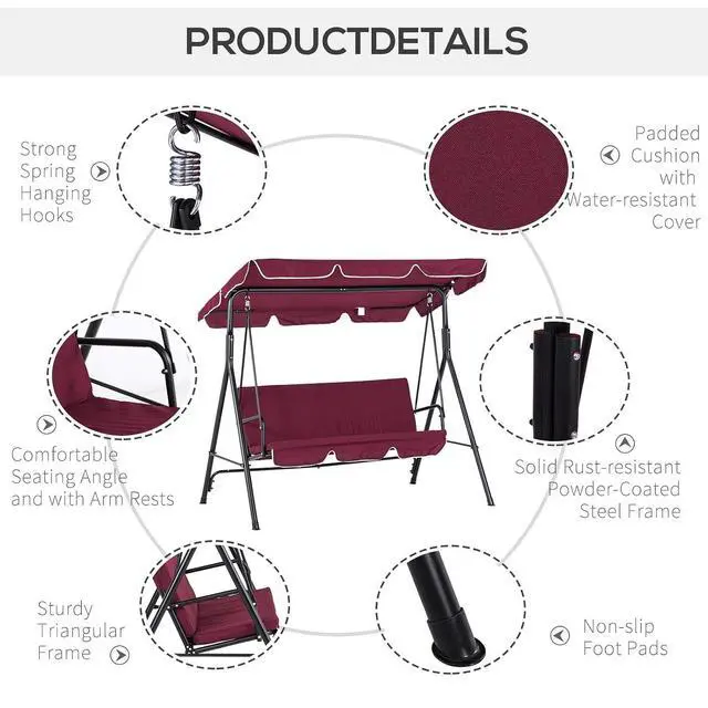 Alt view image 6 of 7 - 3-Person Porch Swing w/Stand Adjustable Tilt Canopy, Wine Red | Removable Cushion, Steel Frame Stand, Outdoor, Patio, Garden, Poolside, Balcony, Backyard, Porch