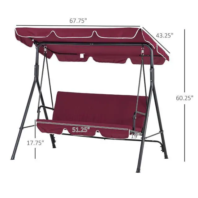 Alt view image 7 of 7 - 3-Person Porch Swing w/Stand Adjustable Tilt Canopy, Wine Red | Removable Cushion, Steel Frame Stand, Outdoor, Patio, Garden, Poolside, Balcony, Backyard, Porch