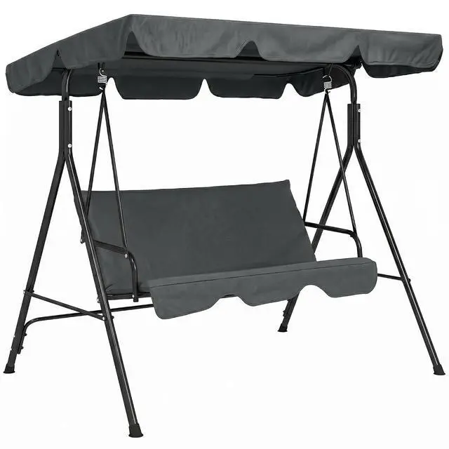 Main image of 3-Person Porch Swing w/Stand Adjustable Tilt Canopy, Gray | Removable Cushion, Steel Frame Stand, Outdoor, Patio, Garden, Poolside, Balcony, Backyard, Porch