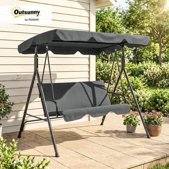 Alt view image 2 of 7 - 3-Person Porch Swing w/Stand Adjustable Tilt Canopy, Gray | Removable Cushion, Steel Frame Stand, Outdoor, Patio, Garden, Poolside, Balcony, Backyard, Porch