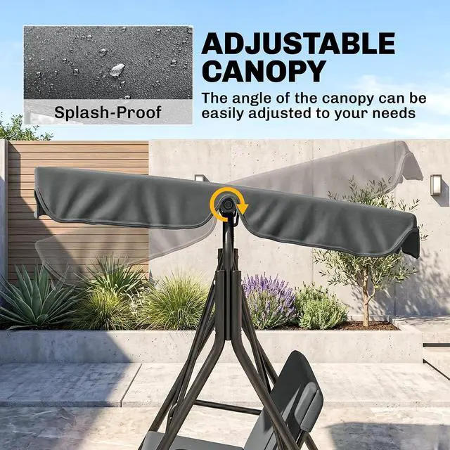 Alt view image 3 of 7 - 3-Person Porch Swing w/Stand Adjustable Tilt Canopy, Gray | Removable Cushion, Steel Frame Stand, Outdoor, Patio, Garden, Poolside, Balcony, Backyard, Porch