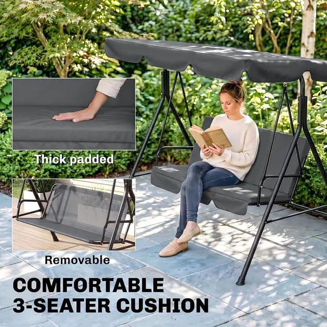 Alt view image 6 of 7 - 3-Person Porch Swing w/Stand Adjustable Tilt Canopy, Gray | Removable Cushion, Steel Frame Stand, Outdoor, Patio, Garden, Poolside, Balcony, Backyard, Porch