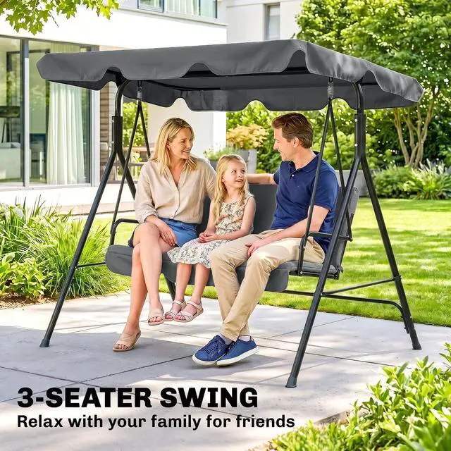 Alt view image 5 of 7 - 3-Person Porch Swing w/Stand Adjustable Tilt Canopy, Gray | Removable Cushion, Steel Frame Stand, Outdoor, Patio, Garden, Poolside, Balcony, Backyard, Porch