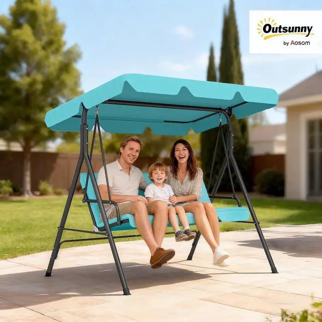 Alt view image 2 of 7 - 3-Person Porch Swing w/Stand Adjustable Tilt Canopy, Green | Removable Cushion, Steel Frame Stand, Outdoor, Patio, Garden, Poolside, Balcony, Backyard, Porch