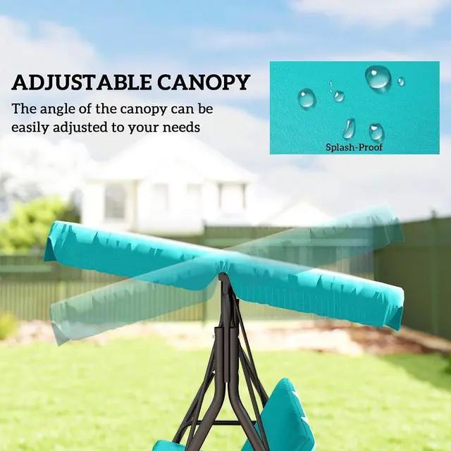 Alt view image 3 of 7 - 3-Person Porch Swing w/Stand Adjustable Tilt Canopy, Green | Removable Cushion, Steel Frame Stand, Outdoor, Patio, Garden, Poolside, Balcony, Backyard, Porch