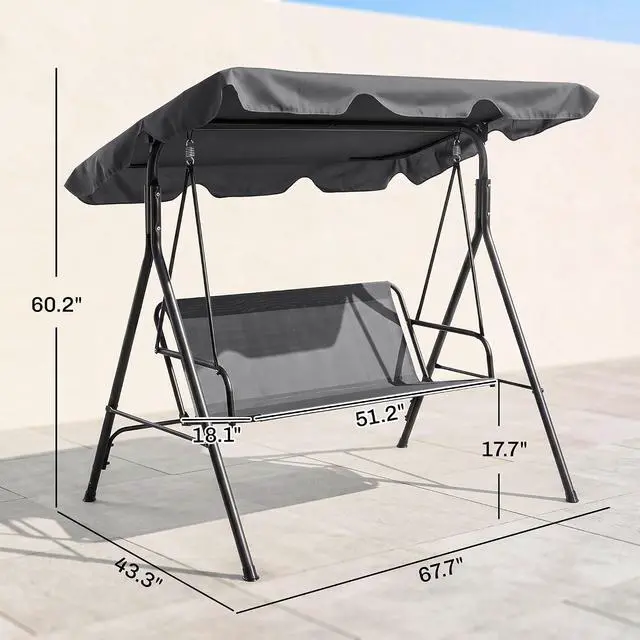 Alt view image 7 of 7 - 3-Person Porch Swing w/Stand Adjustable Tilt Canopy, Gray | Removable Cushion, Steel Frame Stand, Outdoor, Patio, Garden, Poolside, Balcony, Backyard, Porch