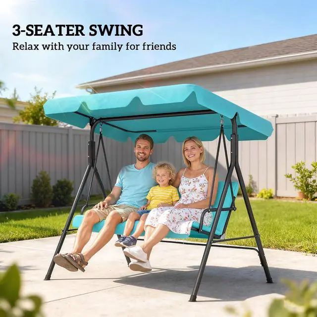 Alt view image 5 of 7 - 3-Person Porch Swing w/Stand Adjustable Tilt Canopy, Green | Removable Cushion, Steel Frame Stand, Outdoor, Patio, Garden, Poolside, Balcony, Backyard, Porch