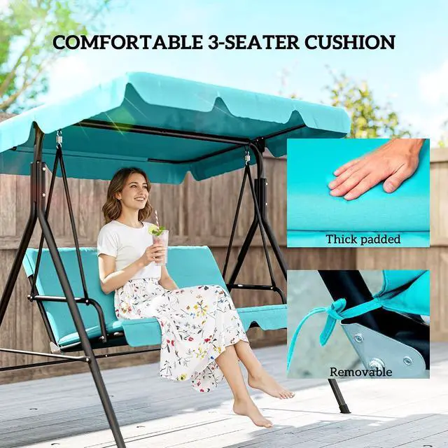 Alt view image 6 of 7 - 3-Person Porch Swing w/Stand Adjustable Tilt Canopy, Green | Removable Cushion, Steel Frame Stand, Outdoor, Patio, Garden, Poolside, Balcony, Backyard, Porch